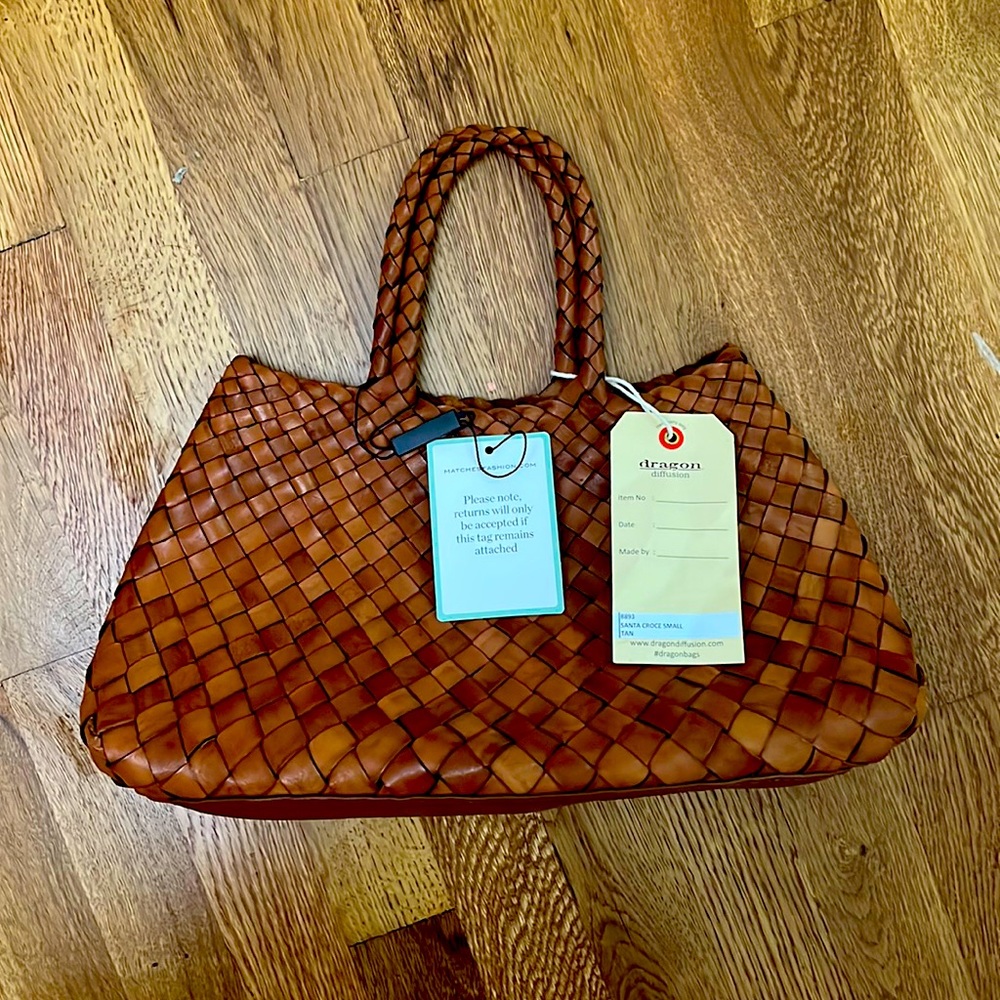 Bnwt cognac tan woven leather dragon diffusion tote Santa Croce small